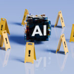 The AI symbol sits at the heart of a circle formed by bright yellow foldable caution signs adorned with exclamation marks. This image creatively conveys the urgent need for awareness and careful consideration of AI's rapid growth and its implications. The design's high impact, with its strong contrast and focal point, makes it an effective tool for raising awareness or sparking conversations around technology, security, and innovation. Perfect for customizable content with plenty of space for additional messaging or branding.