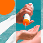 Applying sun cream from a bottle. Mixed media comp.