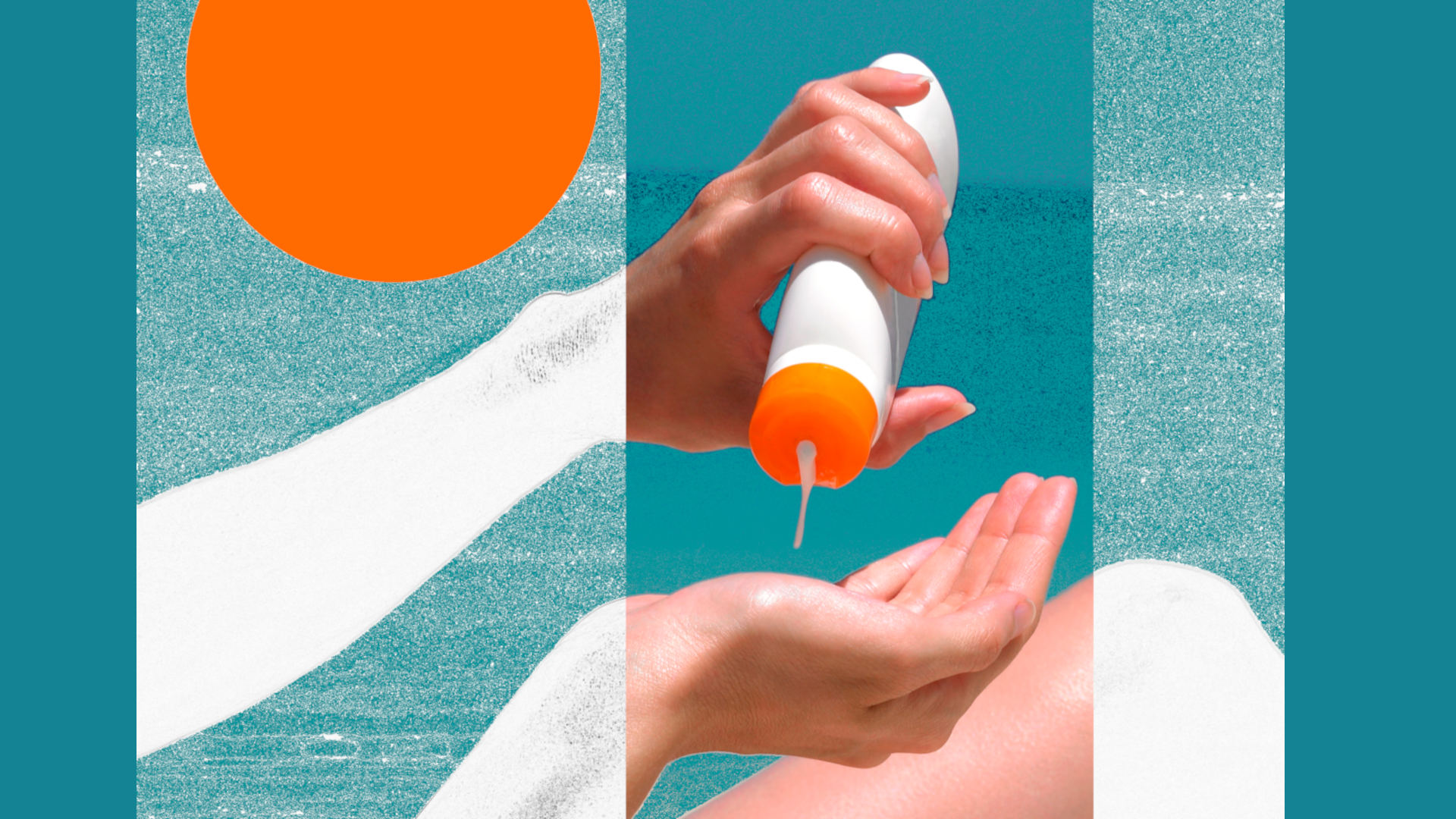 Applying sun cream from a bottle. Mixed media comp.