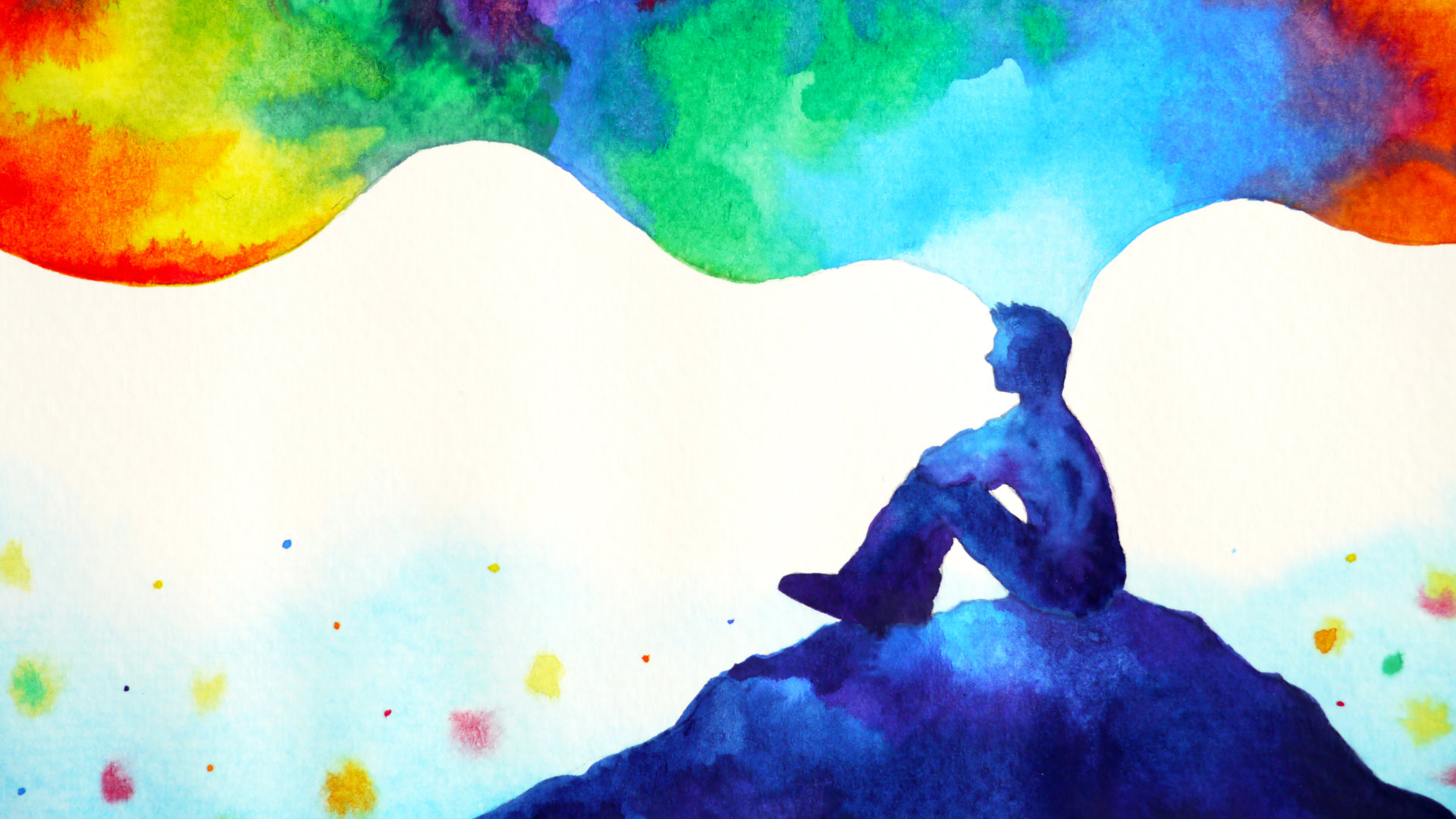 abstract art watercolor painting of a blue figure with rainbow colored cloud coming out of their head