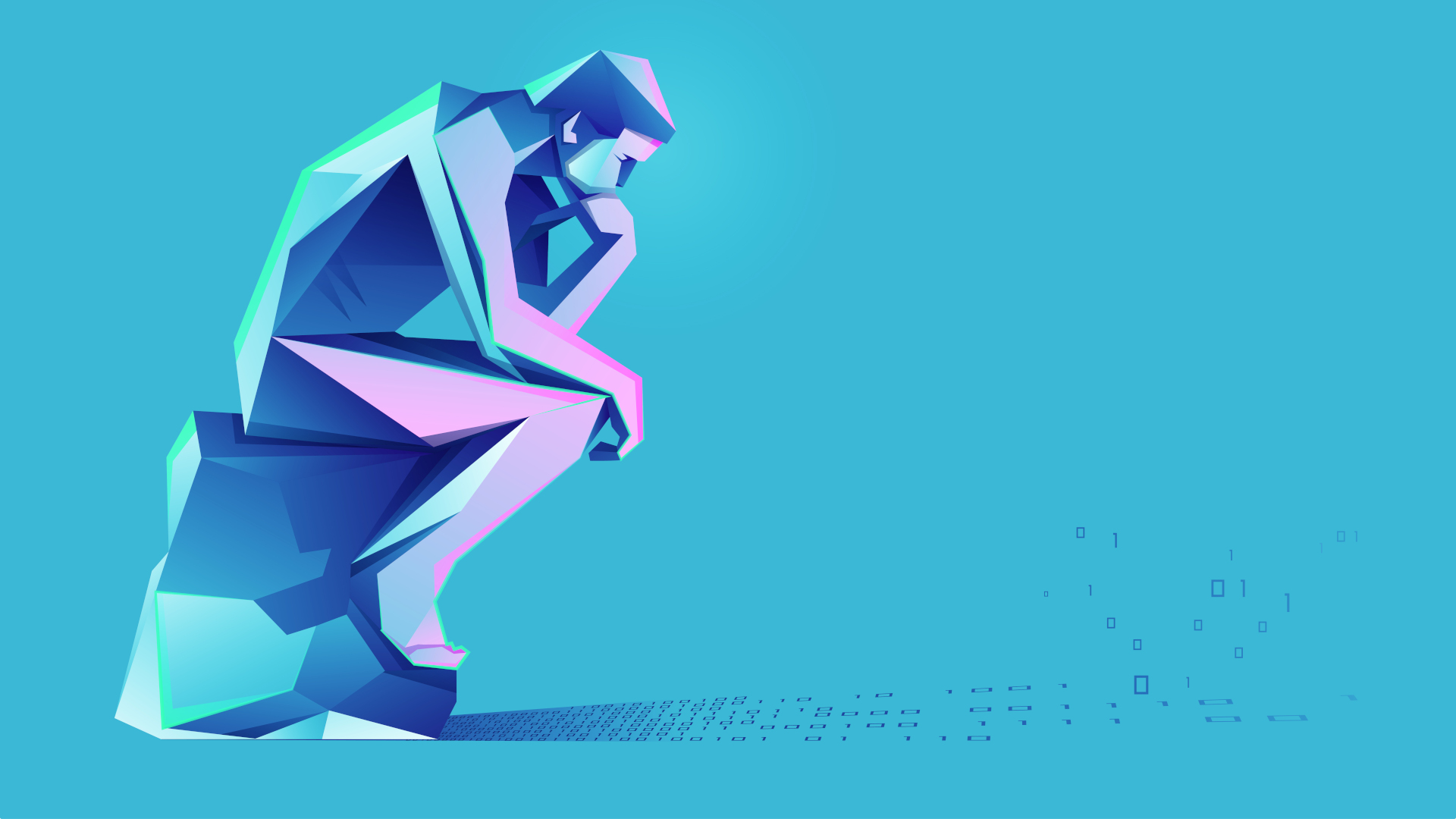 concept of deep learning or machine learning, graphic of thinker with binary shadow