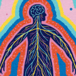 Vector illustration of a Nervous System Connection abstract Health and Science concept with abstract silhouette of human with brain and sensory connection of nervous system. Lot's of texture. Includes vector eps and high resolution jpg.