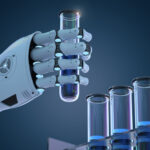 3d rendering robotic hand holding test tube with blue liquid
