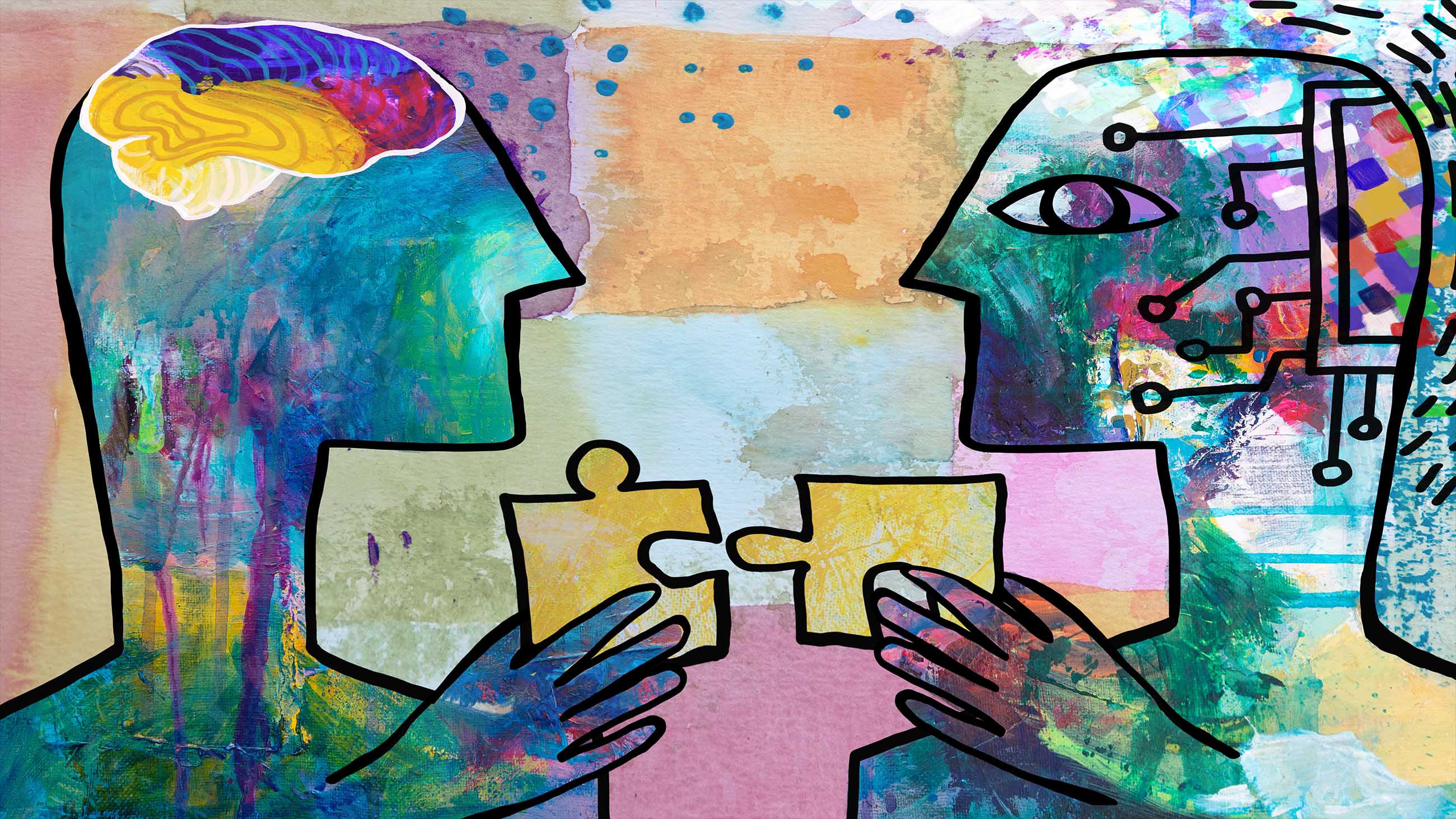 Robot and human cooperation. Connecting puzzle pieces. Solving problems.