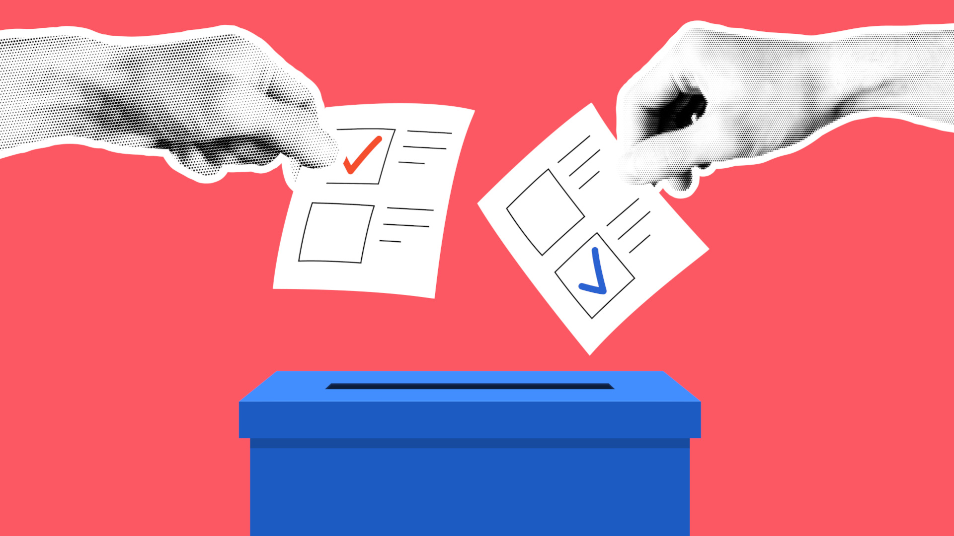 Hand with ballot papers and ballot box. Trendy vintage halftone election event banner.